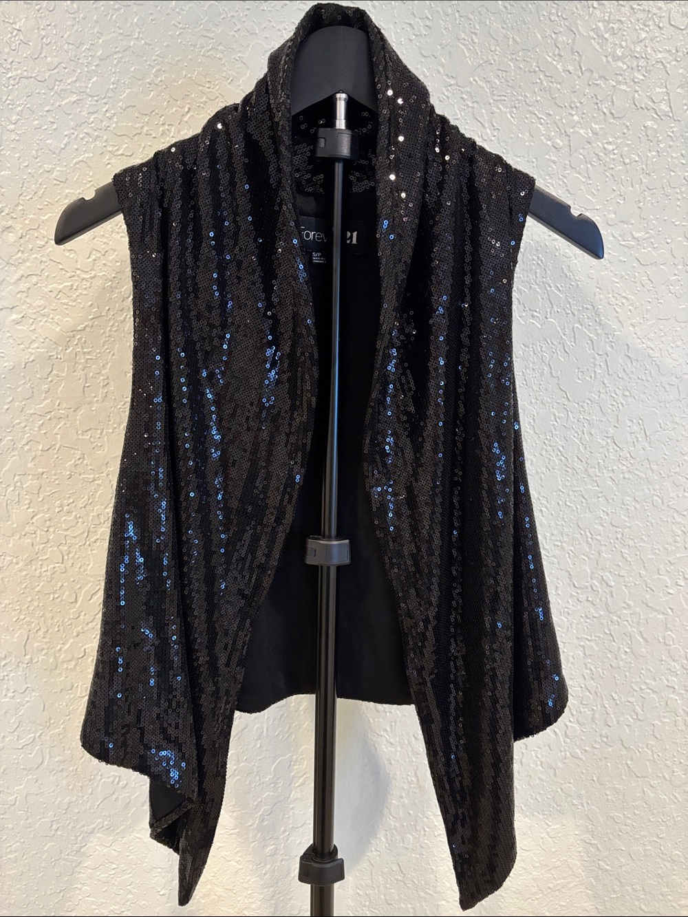 Forever 21 Black Sequin Cascading Open Front Vest Size S